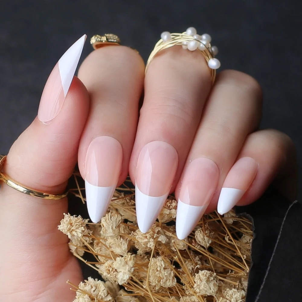 Long stiletto nails white tip nude french fasle nails sheer white pink almond fake nail 24pcs-Nail Inspo