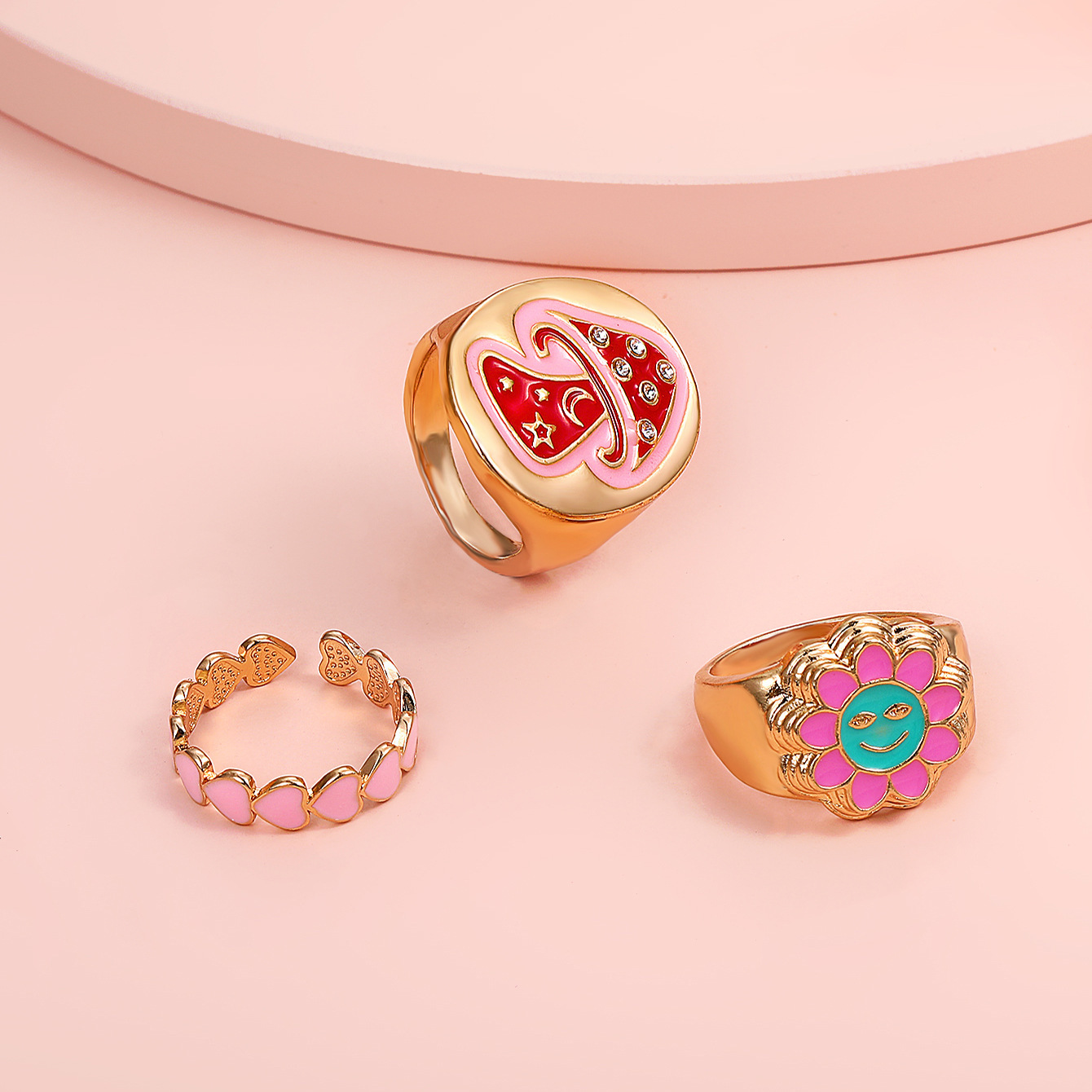 Drip Oil Mushroom Sun Heart Gold Plated Rings Set of 3