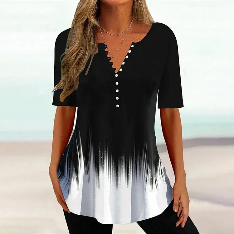 Fashion Gradient V Neck Button Short Sleeve T-Shirt