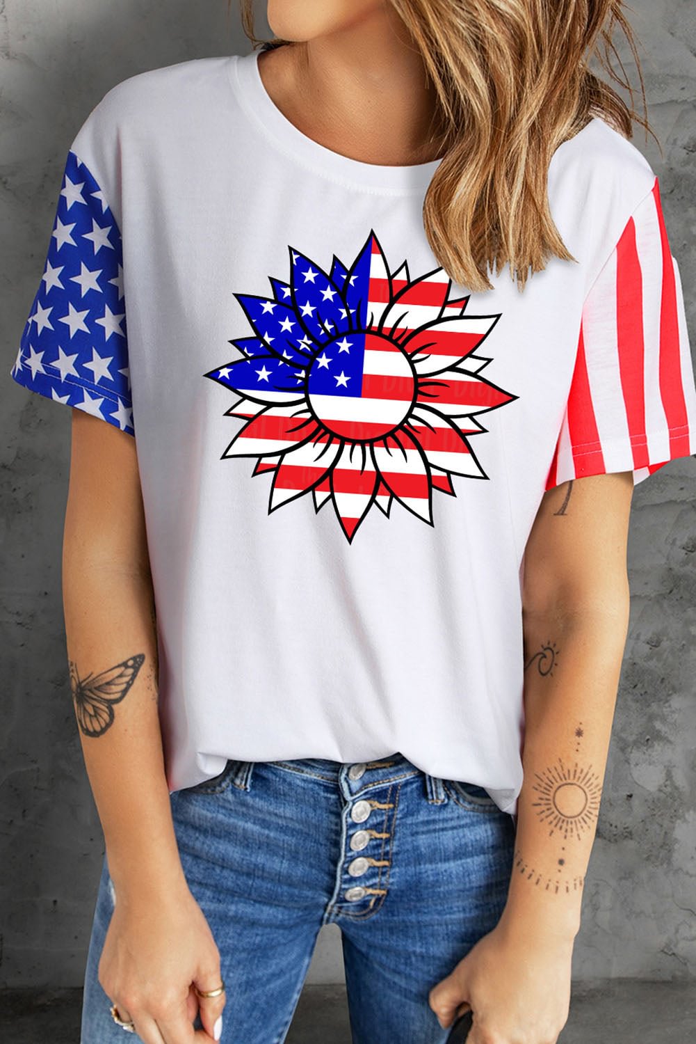 Amercan Flag Sunflower Star and Striped Print T-shirt