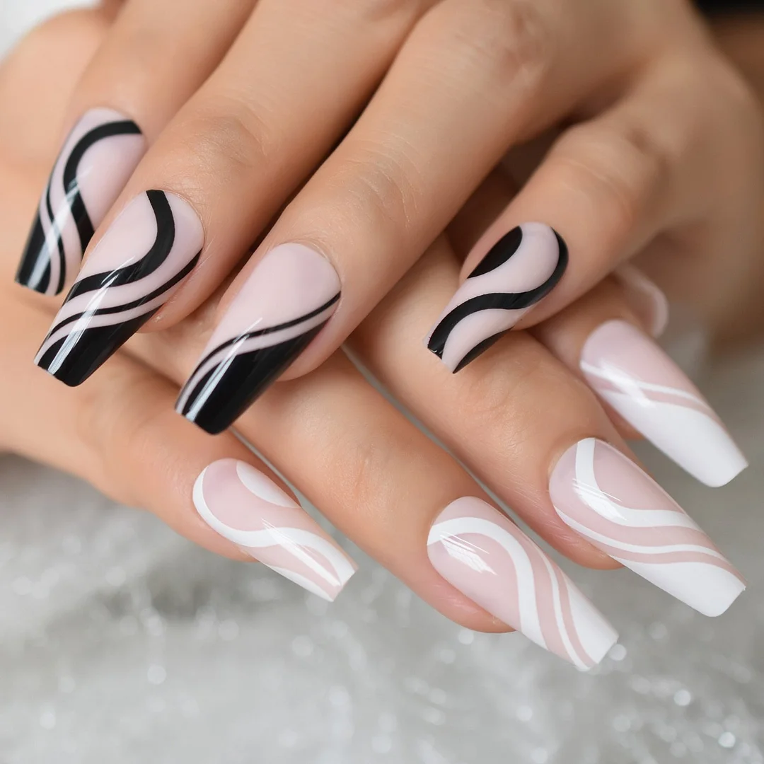 Mixed 12pcs White 12 Pcs Black Curve Line Pre Designs Medium Coffin Full Cover Nail Press On Fingernail Art Wholesale Reuseable