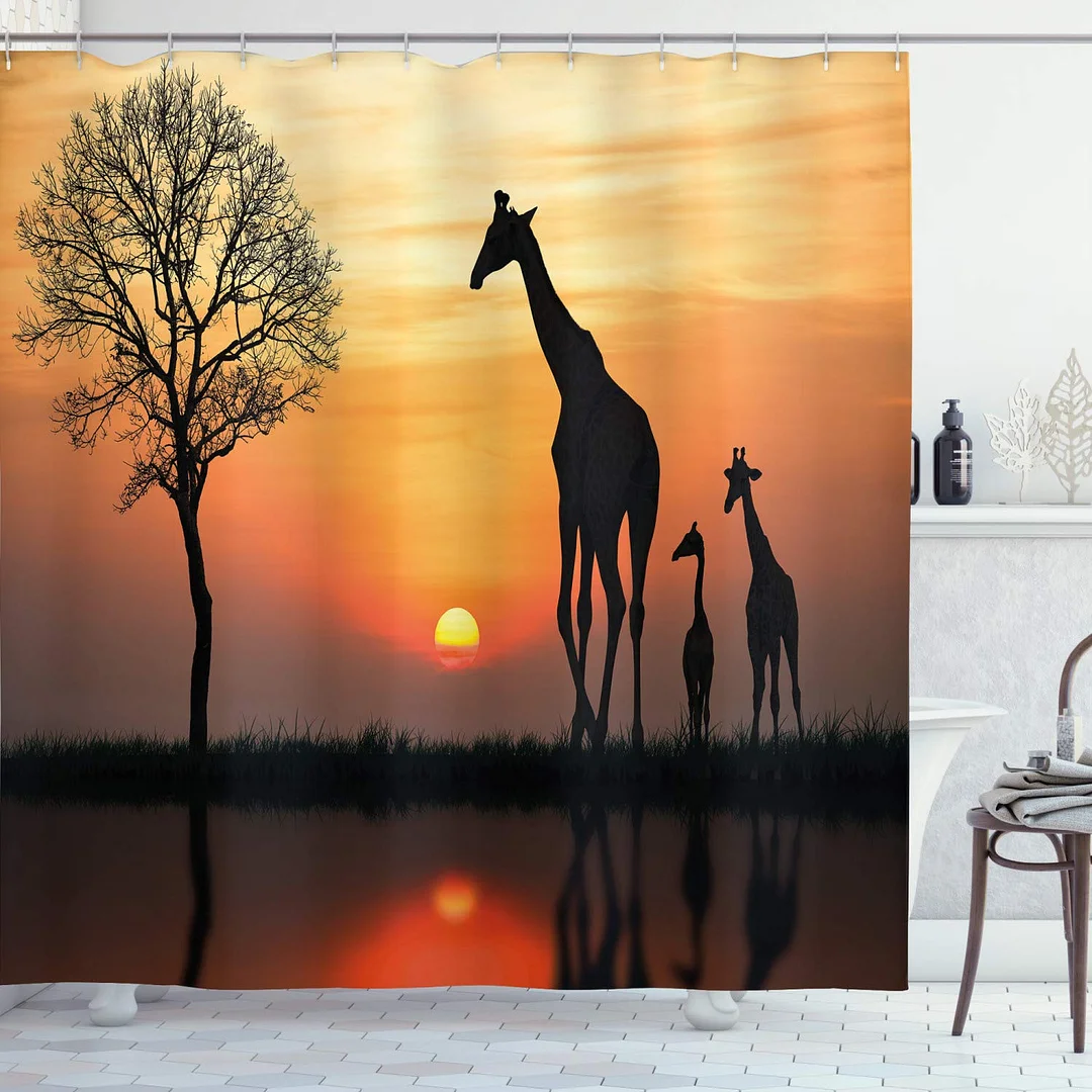 Africa Shower Curtain Safari Animal With Giraffe With Majestic Tree Sunrise Home Waterproof Fabric Bathroom Decor Set With Hooks