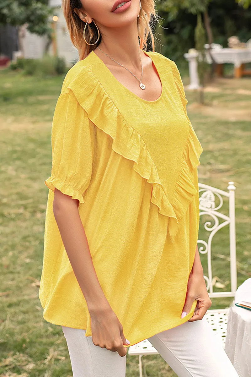 Elegant Solid Split Joint Flounce O Neck T-Shirts