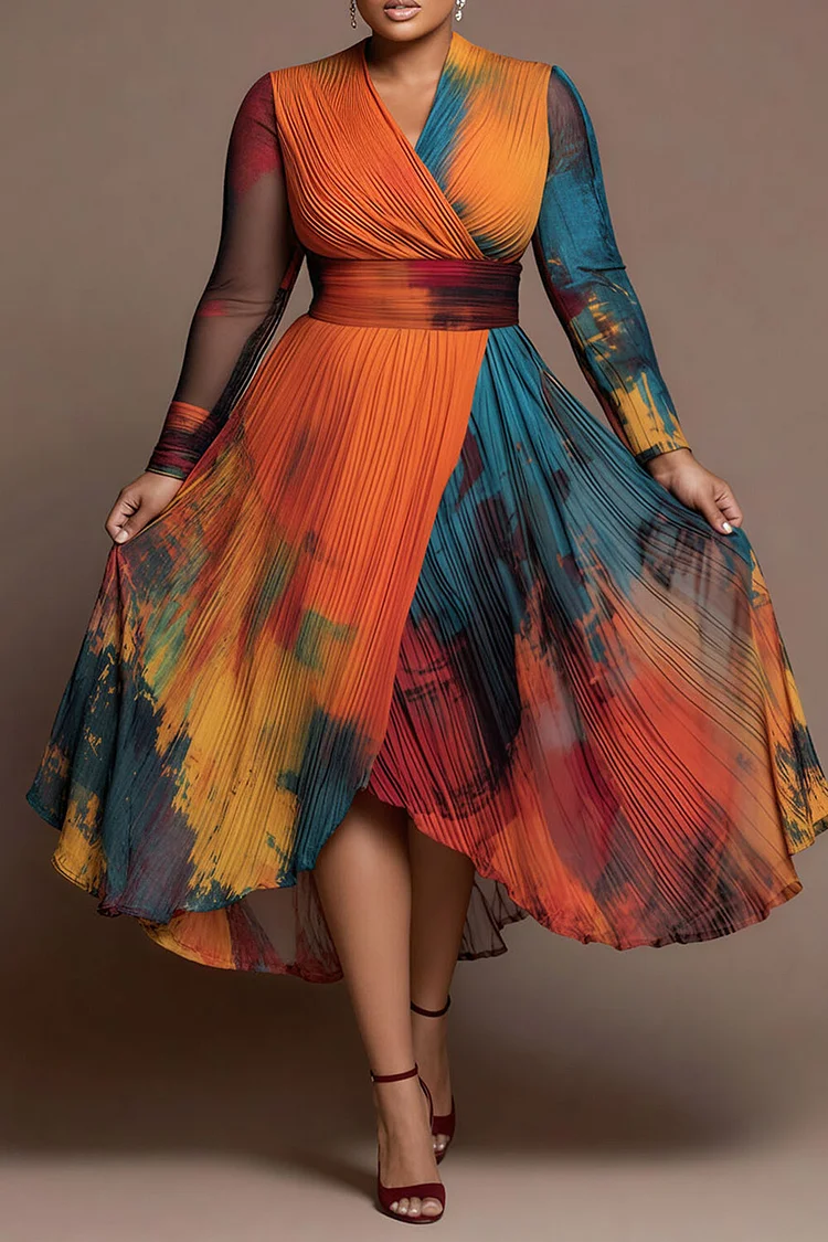 Xpluswear Design Plus Size Business Casual Multicolor All Over Print Wrap Neck Long Sleeve Crossover Hem Elegant Chiffon Midi Dresses [Pre-Order]