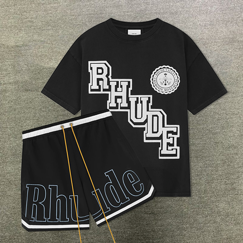 1:1 Higher Version Rhude Black Collegiate Crest T-Shirt And Shorts Co-Ord