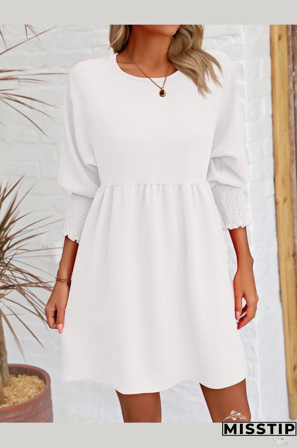 Round Neck Lantern Sleeve Mini Dress