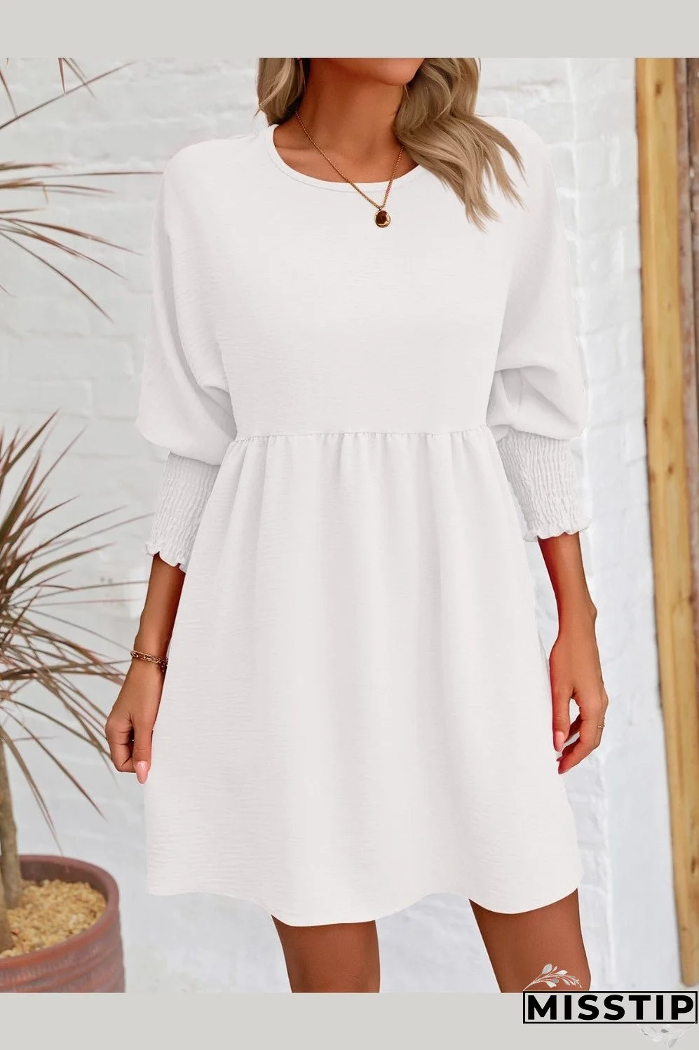 Round Neck Lantern Sleeve Mini Dress
