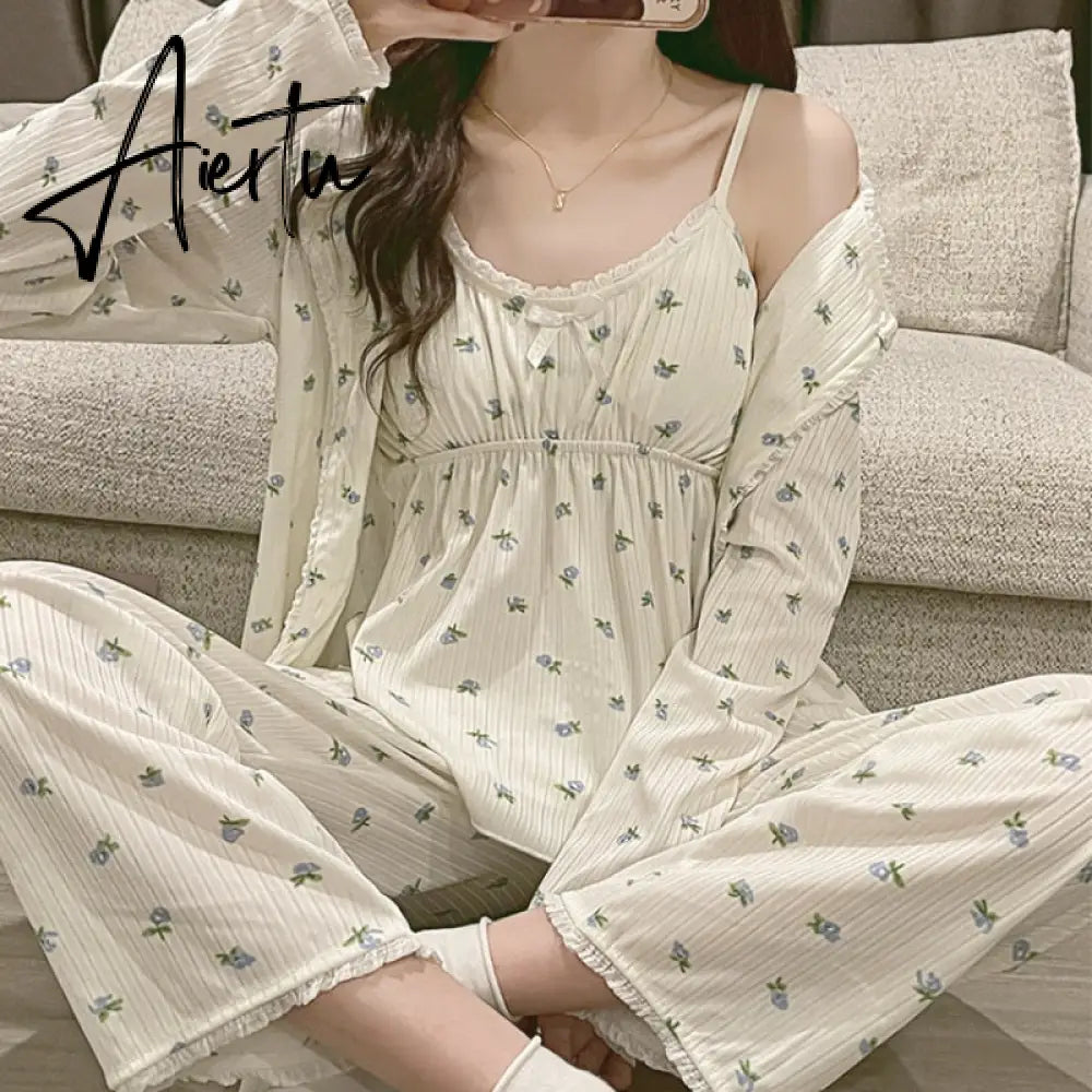 Aiertu Pajama Three Piece Set Print Camisole Cardigan with Chest Pad Trousers Homewear Women's Spring Summer Mori Girl Style Aiertu
