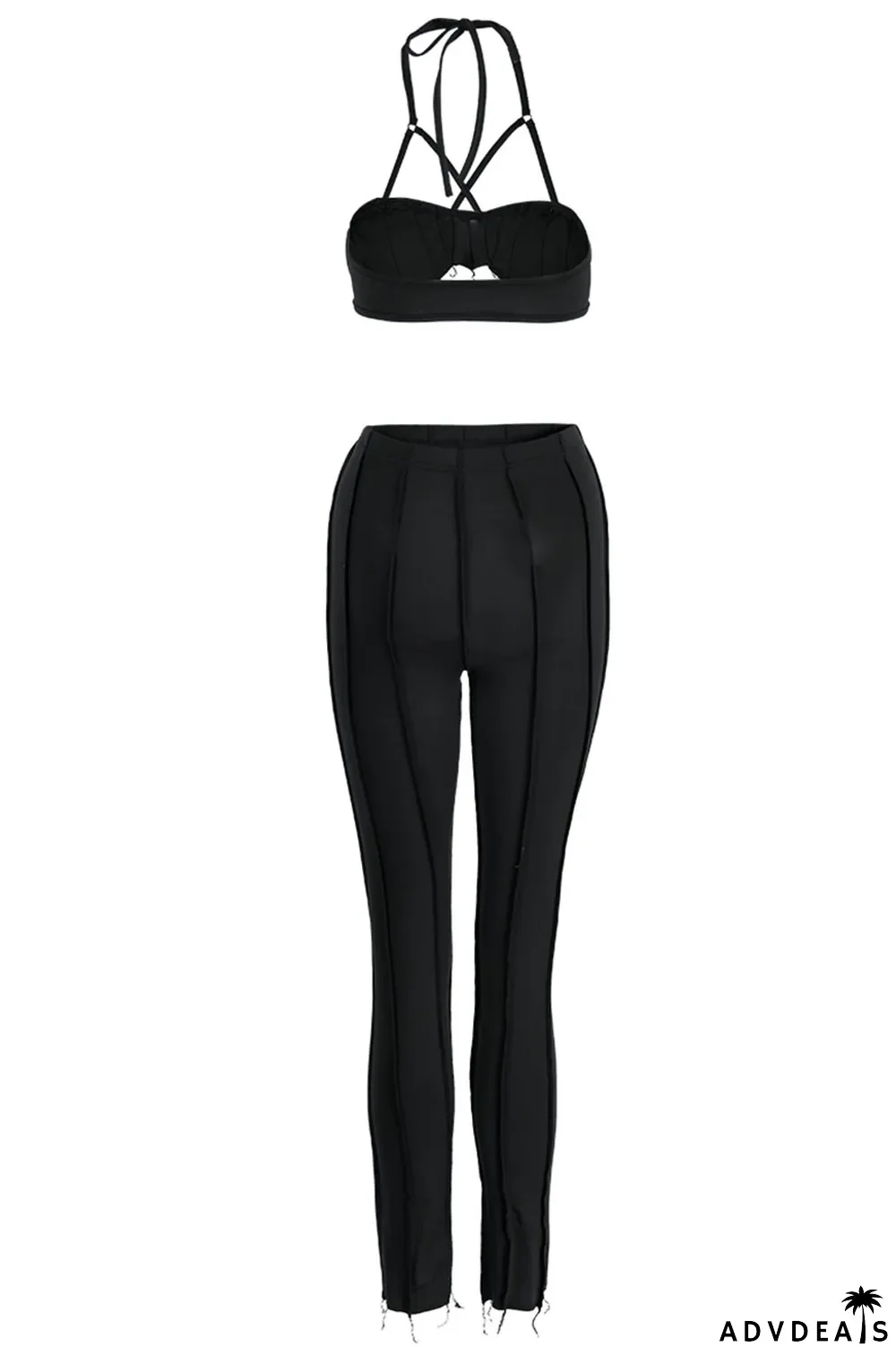 Black Sexy Solid Hollowed Out Patchwork Asymmetrical Halter Sleeveless Two Pieces