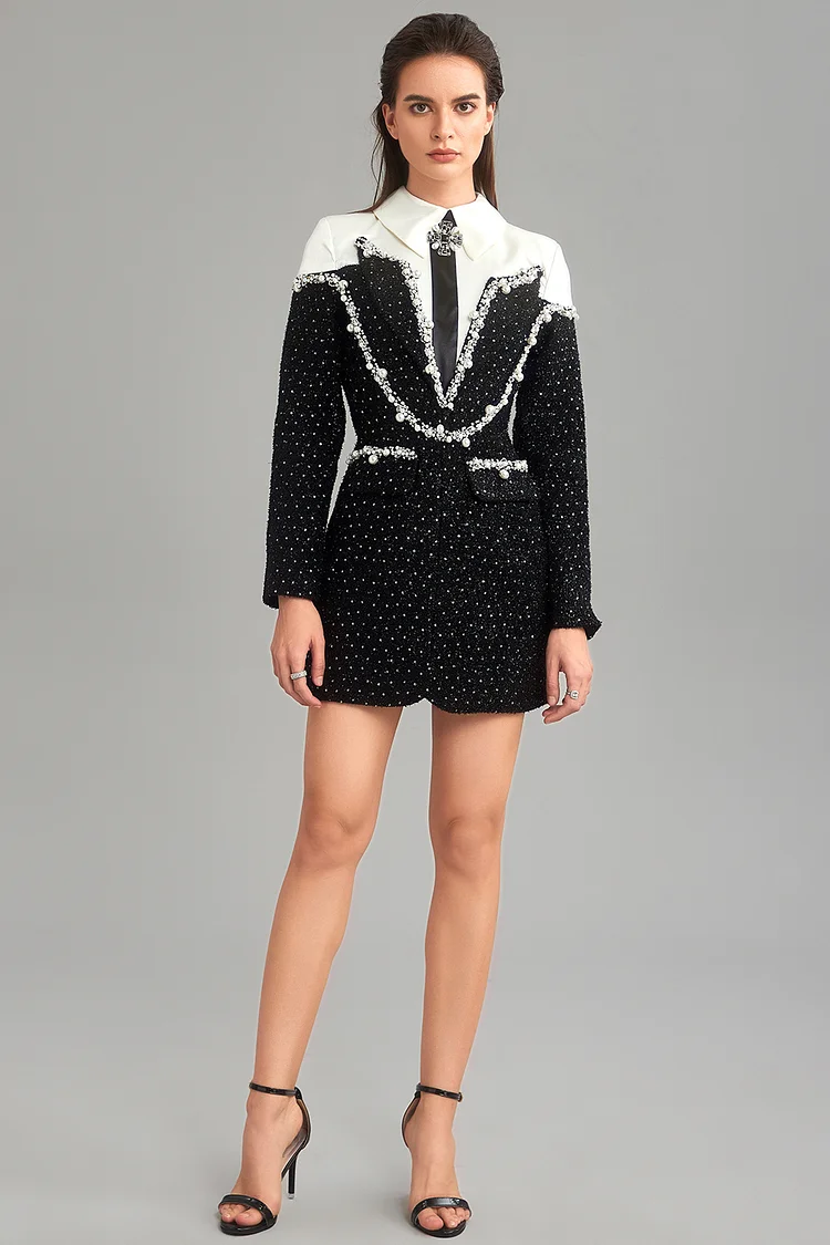 Shirt Collar Sequin Pearl Decor Mini Dress-Black