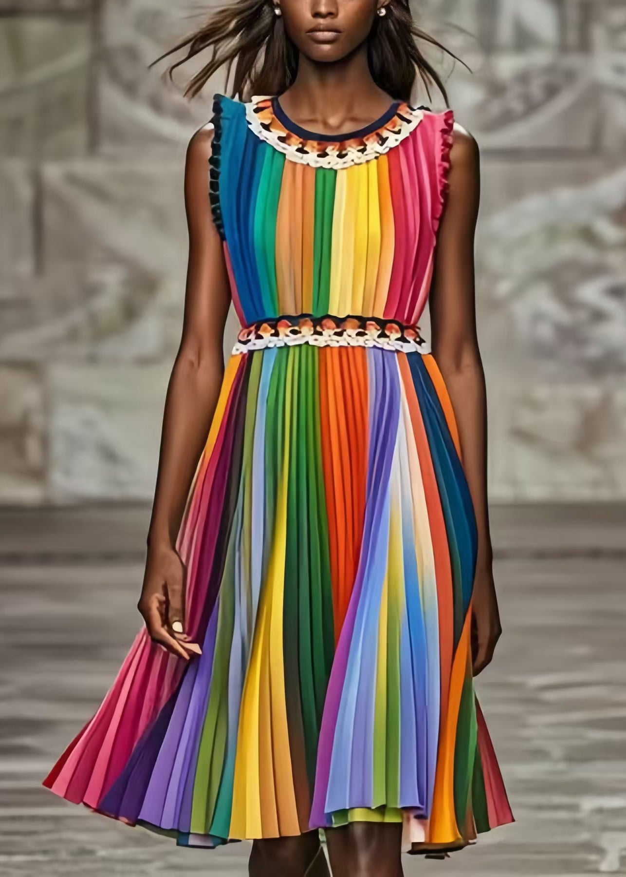 VCSHOES Rainbow Cinched Striped Chiffon Pleated Dress Summer