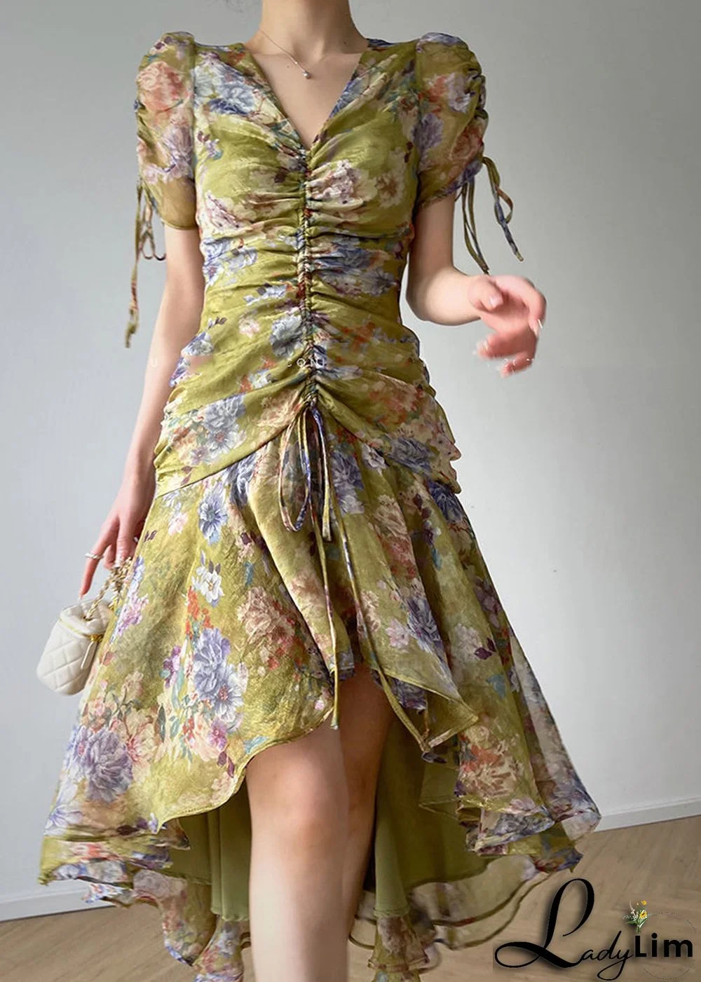 Slim Fit V Neck Zippered Print Drawstring Chiffon Dress Short Sleeve
