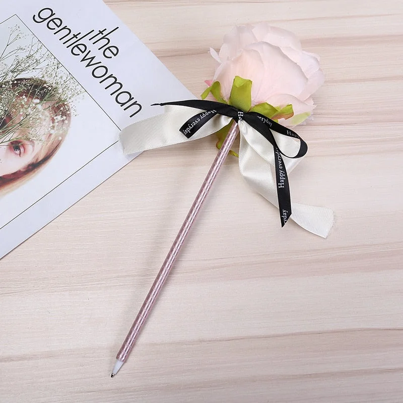 1PCS Creative Simulation Rose Flower Bow Ballpoint Pen Valentine's Day Ballpoint Pens Writing Pen Wedding Gift Pen Office Supply
