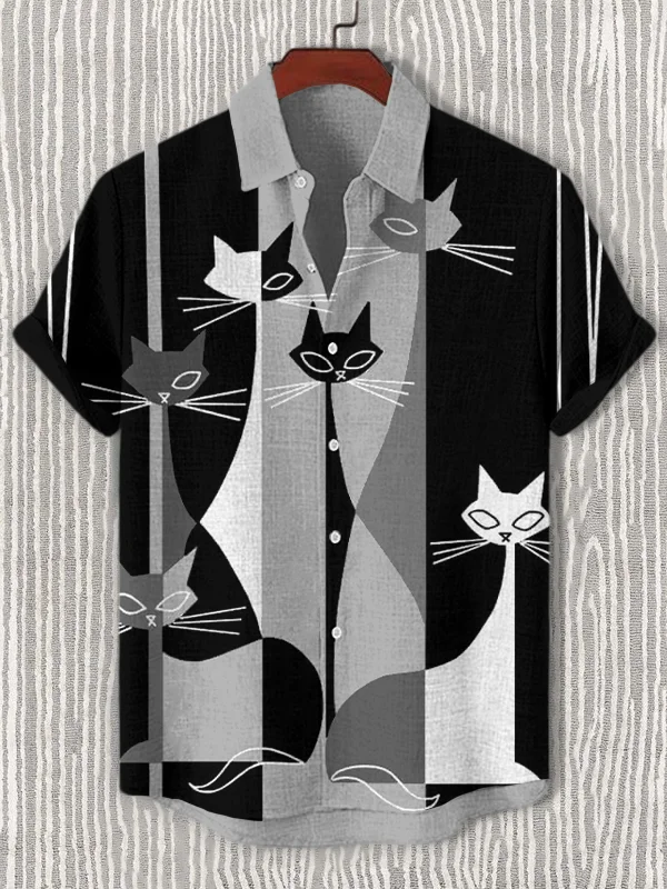 Men's Cat Splicing Art Color Block Painting Print Casual Shirt