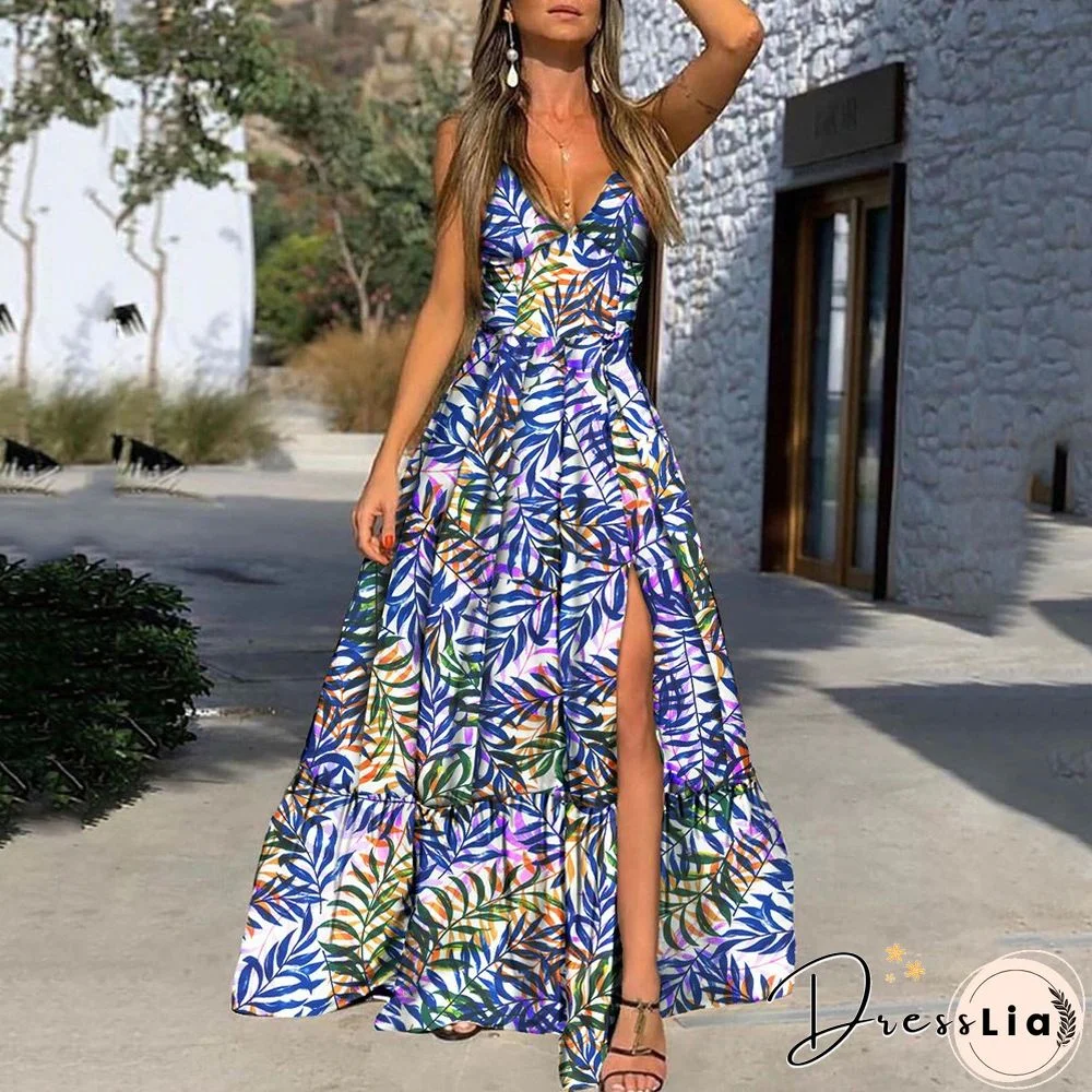 Deep V Suspender Printed Leaf Dress
