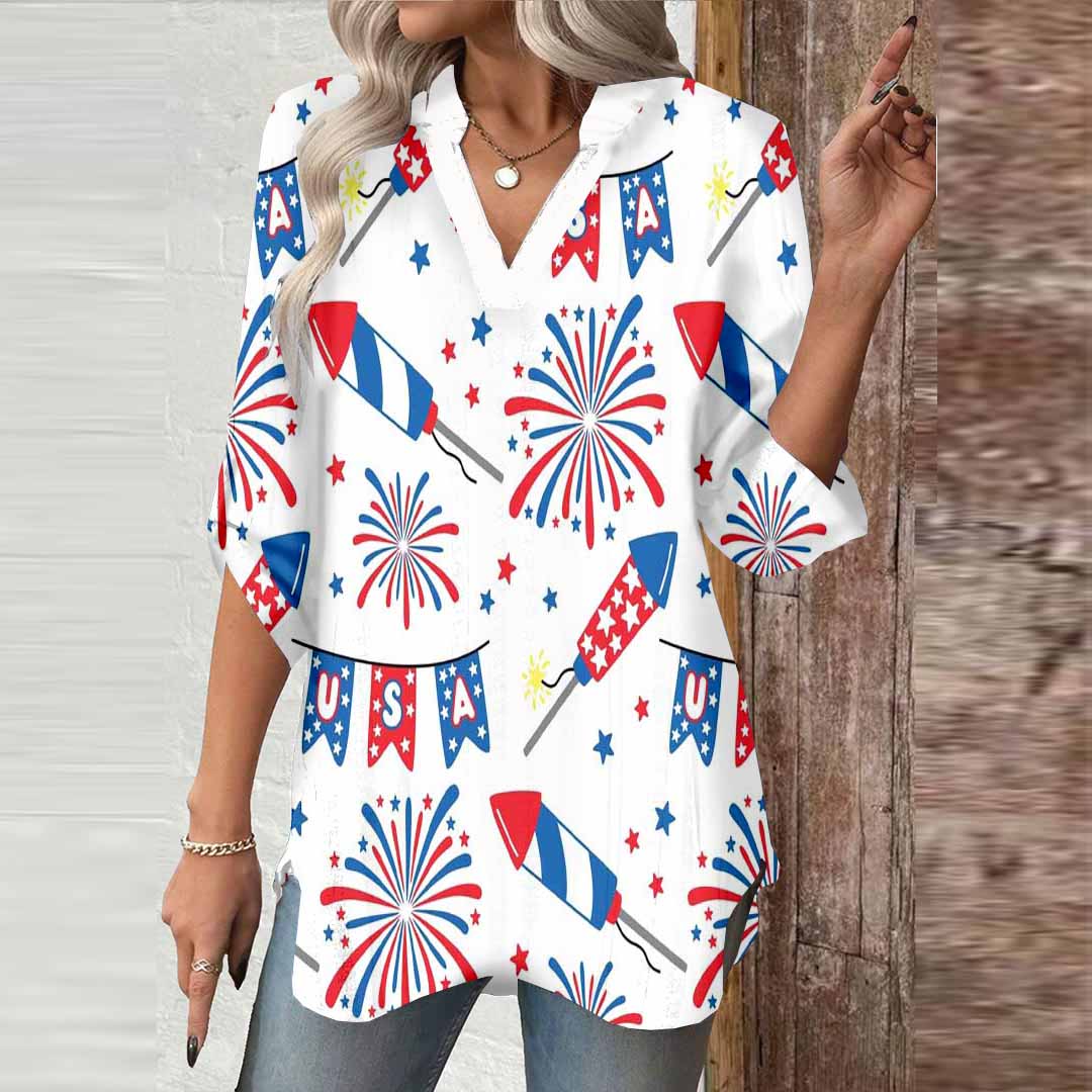 Women  Independence Day, Star, Striped, Blue, Red DZGA0225 3/4 Sleeve V-neck Printed Graphic Button Tops