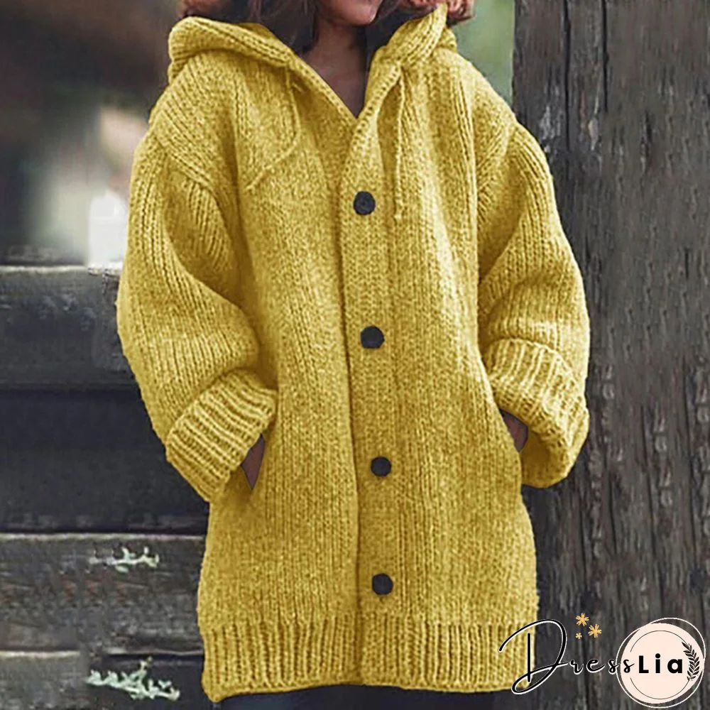 New Autumn Fashion Women Winter Coat Knit Hooded Sweater Loose Mid-length Button Up Knitted Cardigan Jackets for Women Outwear vestidos mujer casacos de inverno feminino