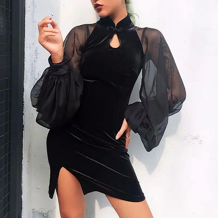 Mesh Puff Sleeve Slit Dress