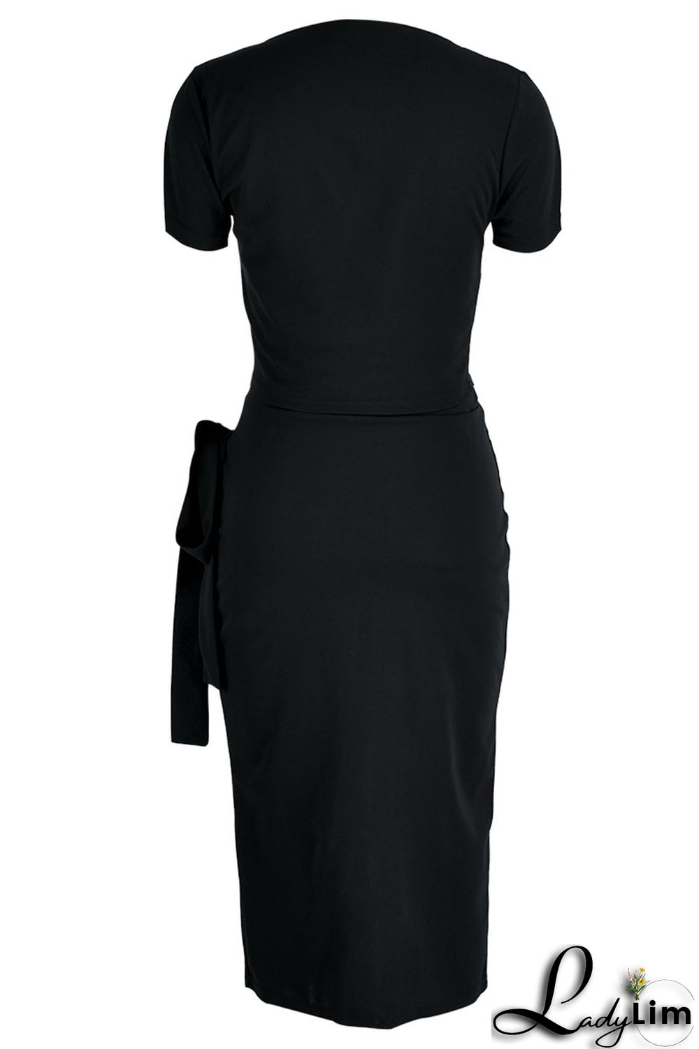 Black Celebrities Solid Bandage Patchwork Slit O Neck Short Sleeve Two Pieces