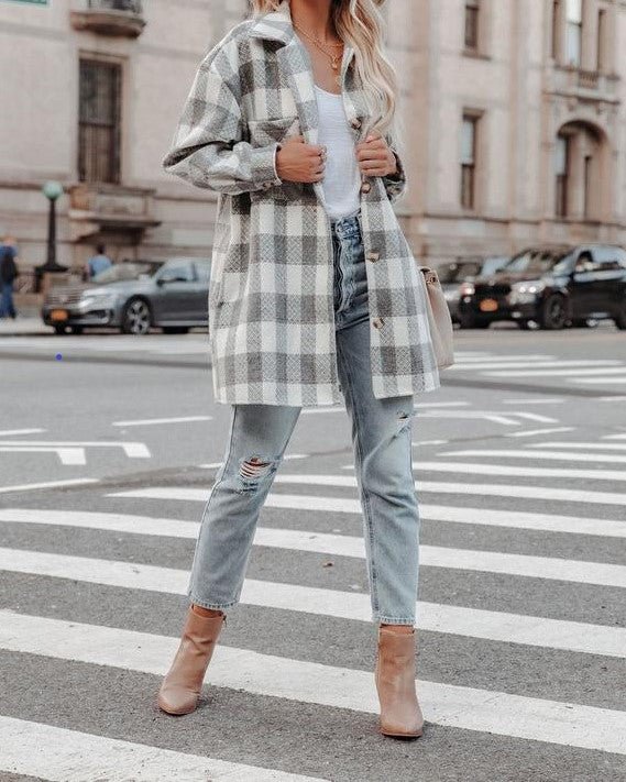 Long Sleeve Plaid Buttons Pockets Above Knee Coats