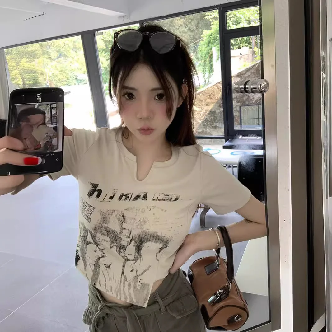 Uveng Uveng Short-Sleeved T-Shirt Women 2024 Summer Irregular Design Sense Pure Desire Hot Girls Short Students On Clothes