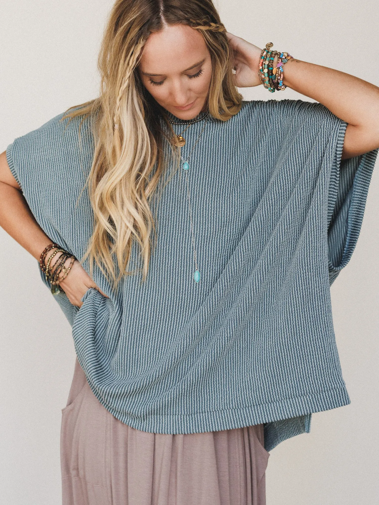 The Nest Moon Glow Texture Knit Top - Seafoam