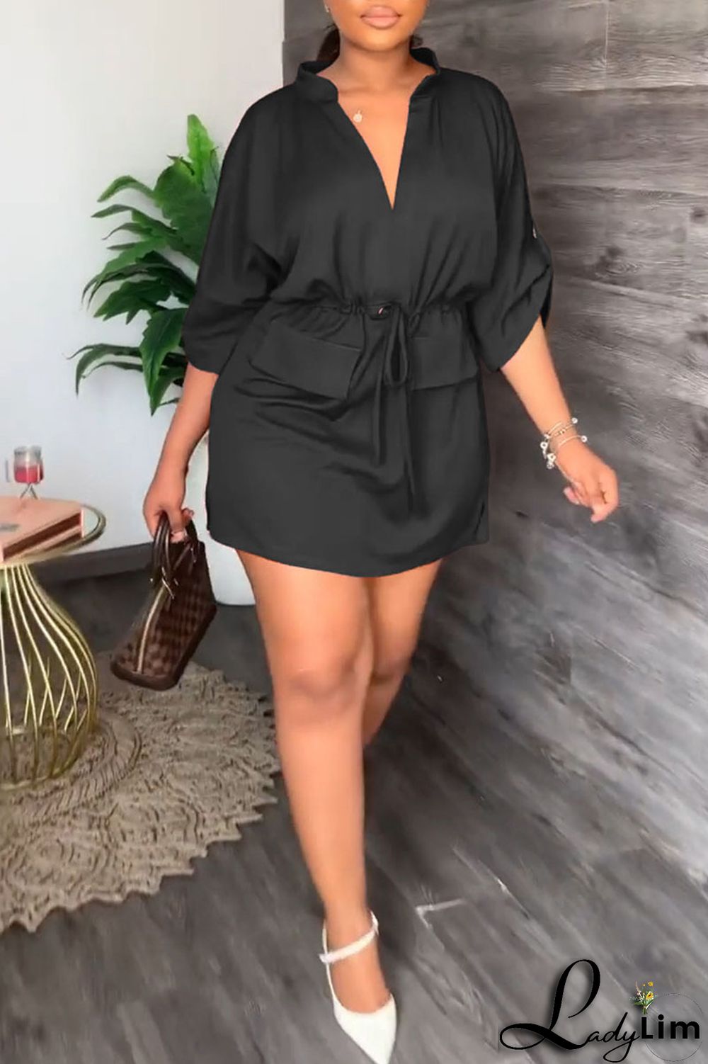 Tangerine Casual Solid Patchwork Draw String V Neck Straight Dresses