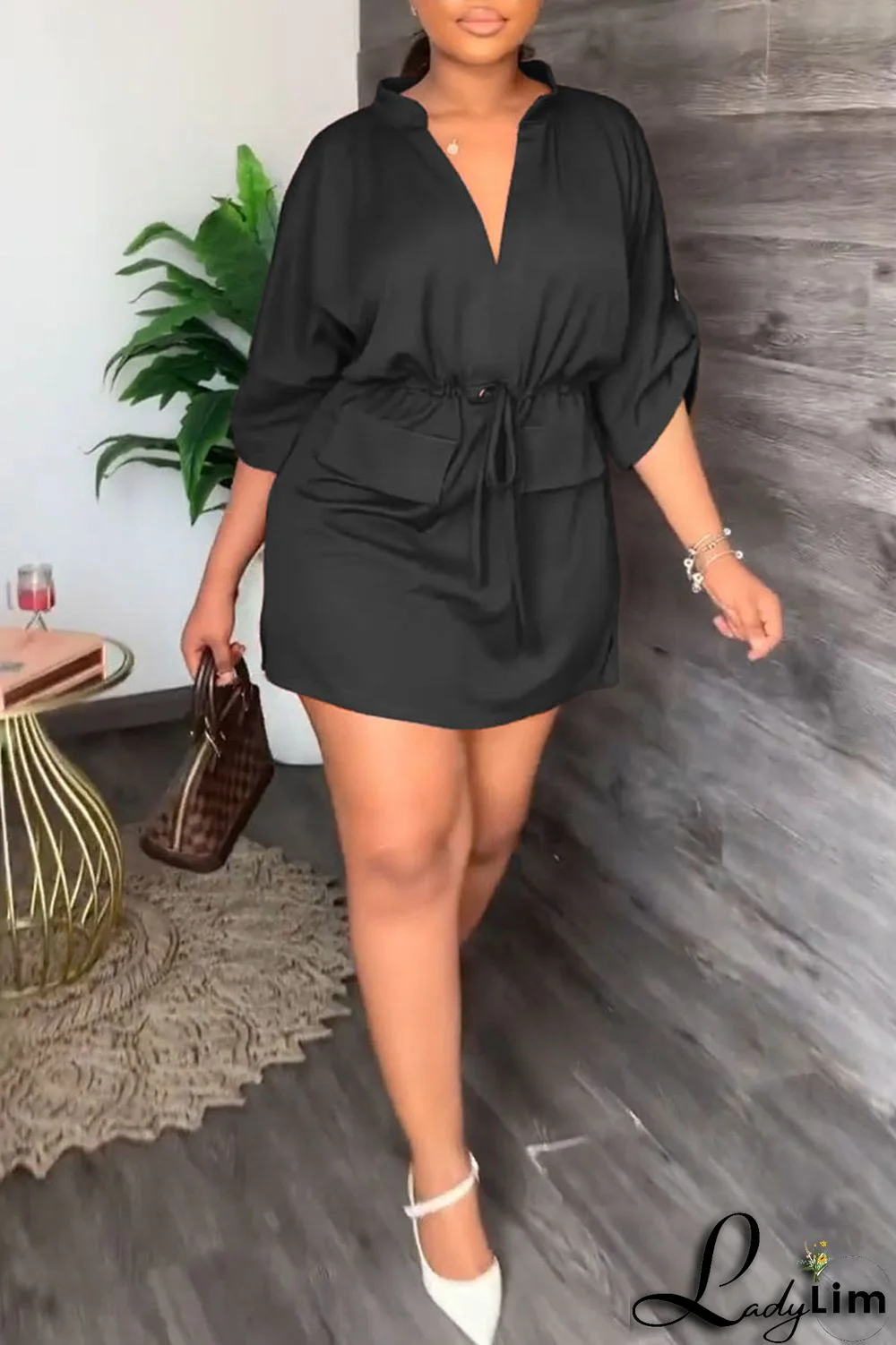 Tangerine Casual Solid Patchwork Draw String V Neck Straight Dresses