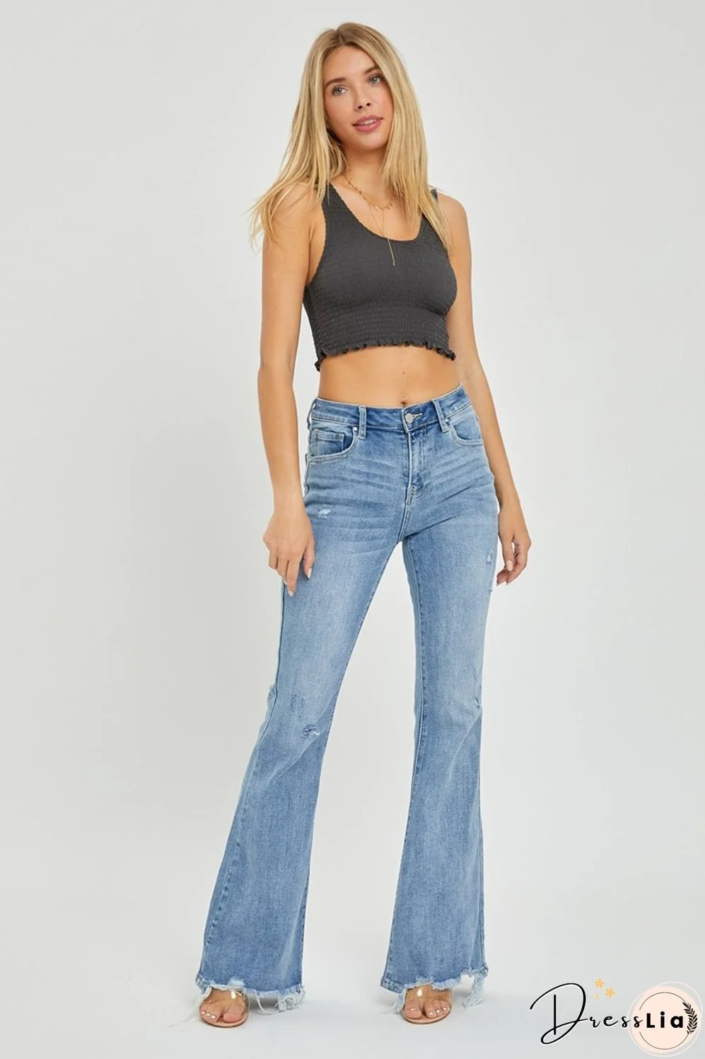 Risen Full Size High Rise Frayed Hem Flare Jeans