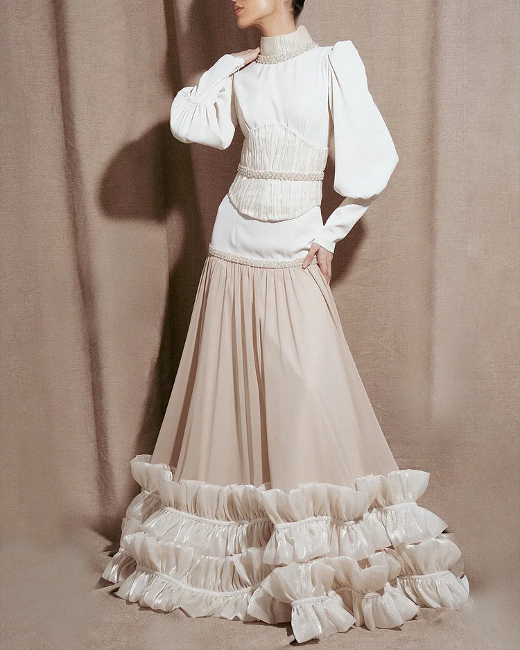 Women's Lantern Sleeve Ruffle Stitching Dress