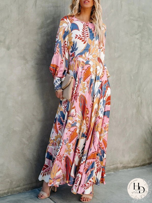 Dresses Printed Crew Neck Long Sleeve Dress for Women