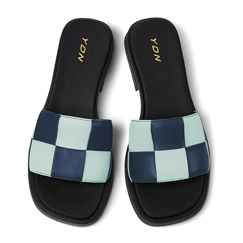 Navy & Light Green Color Blocks Open Square Toe Mules for Women