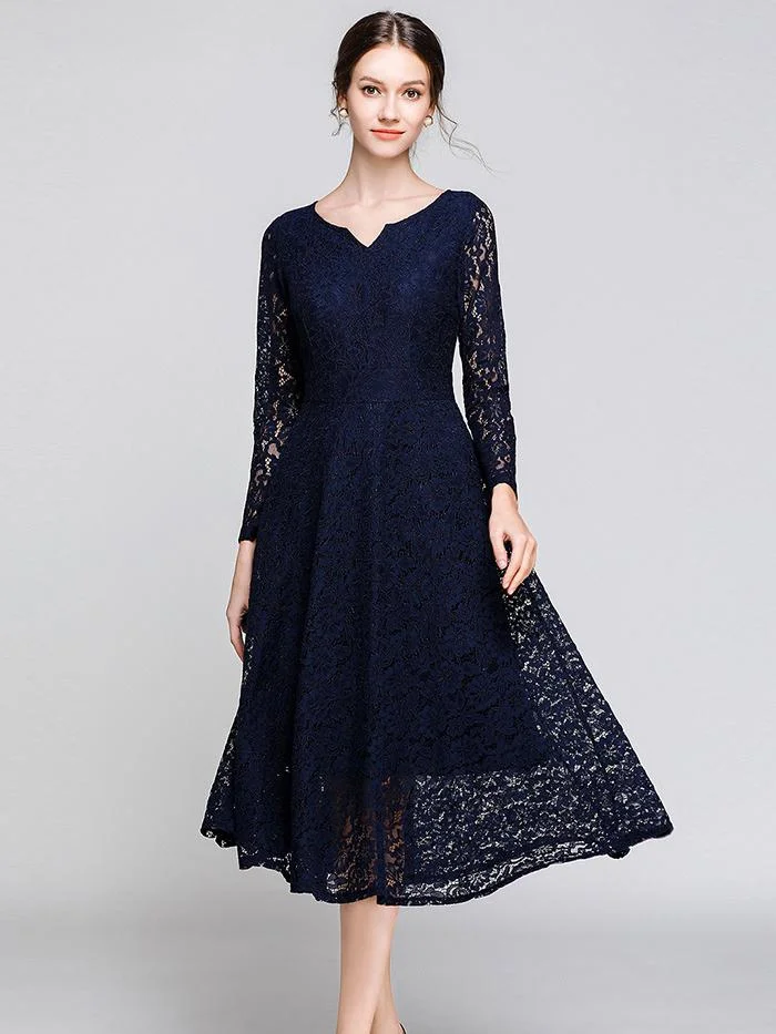 Temperament V-neck mid-length lace big dress