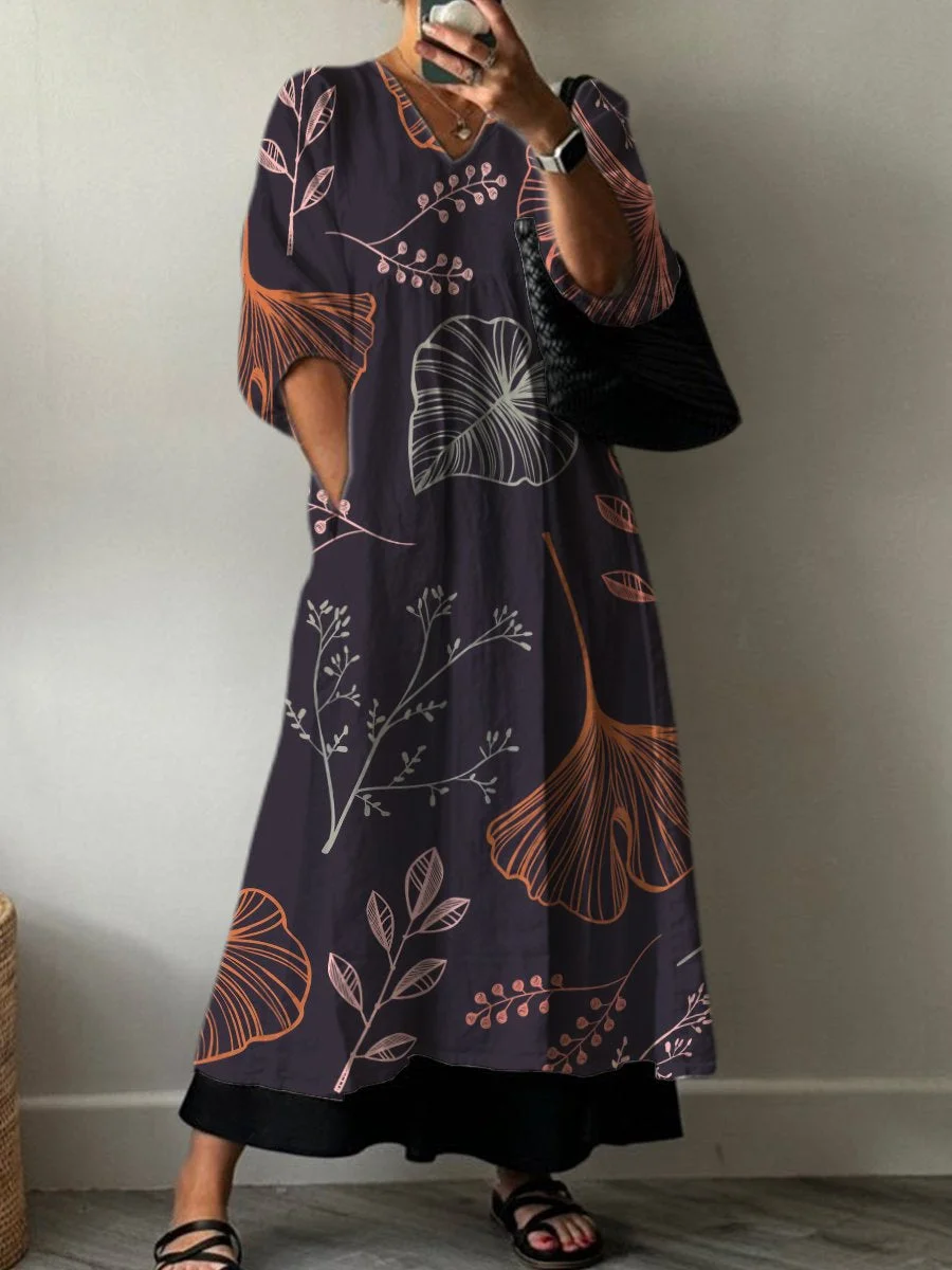 Contrasting Color Line Leaves Decorative Pattern Pocket V-neck Cotton Dress