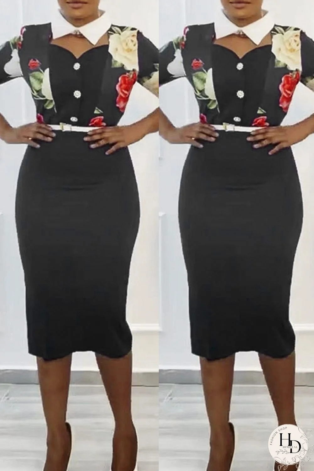 Tibetan Blue Fashion Casual Print Hollowed Out Split Joint With Belt Turndown Collar Plus Size Dresses