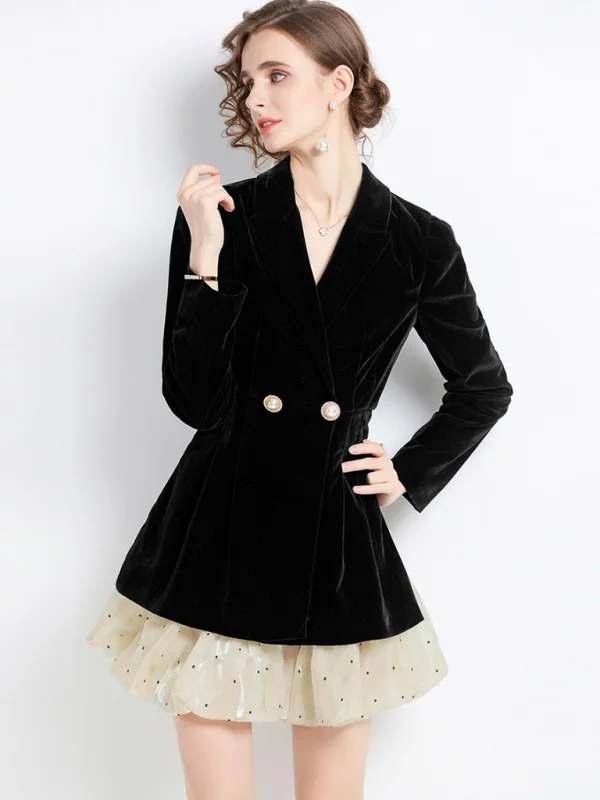 Women's puffy dress long sleeve suit collar splicing velvet dress Flusfy