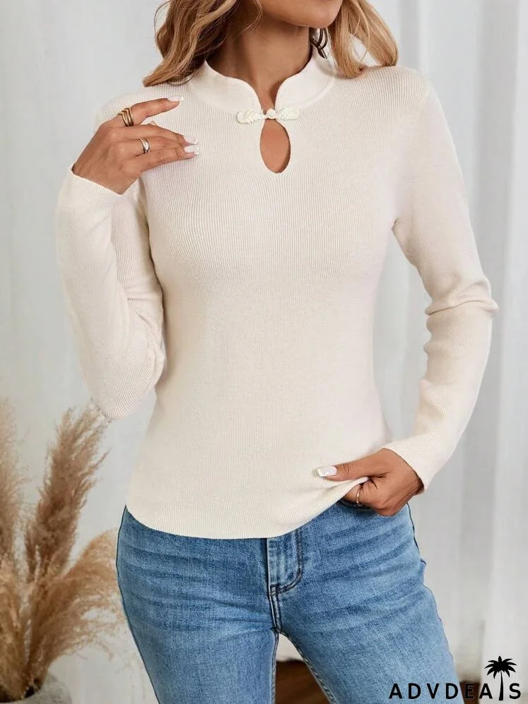 Women's Solid Color Long Sleeve Button-Up Slim Fit Elegant Pullover Sweater, Autumn/Winter Fall Sweaters Beige Sweater