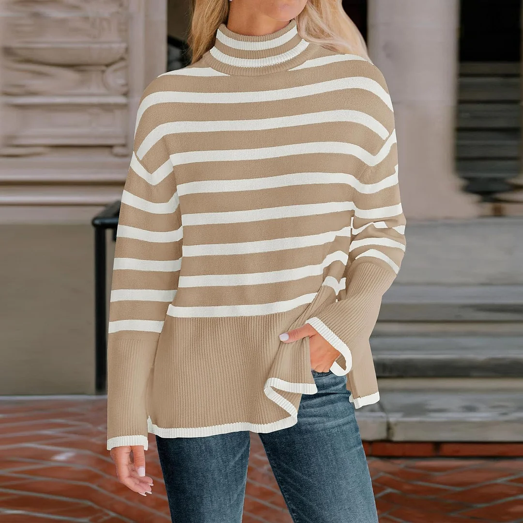 Uveng 2025 New Explosion Women's High-Collar Knitted Striped Opener Top