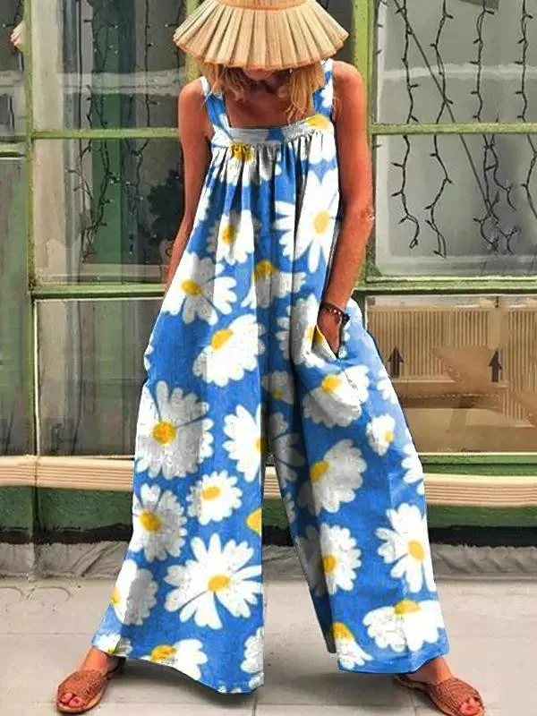 Retro flower print casual jumpsuit
