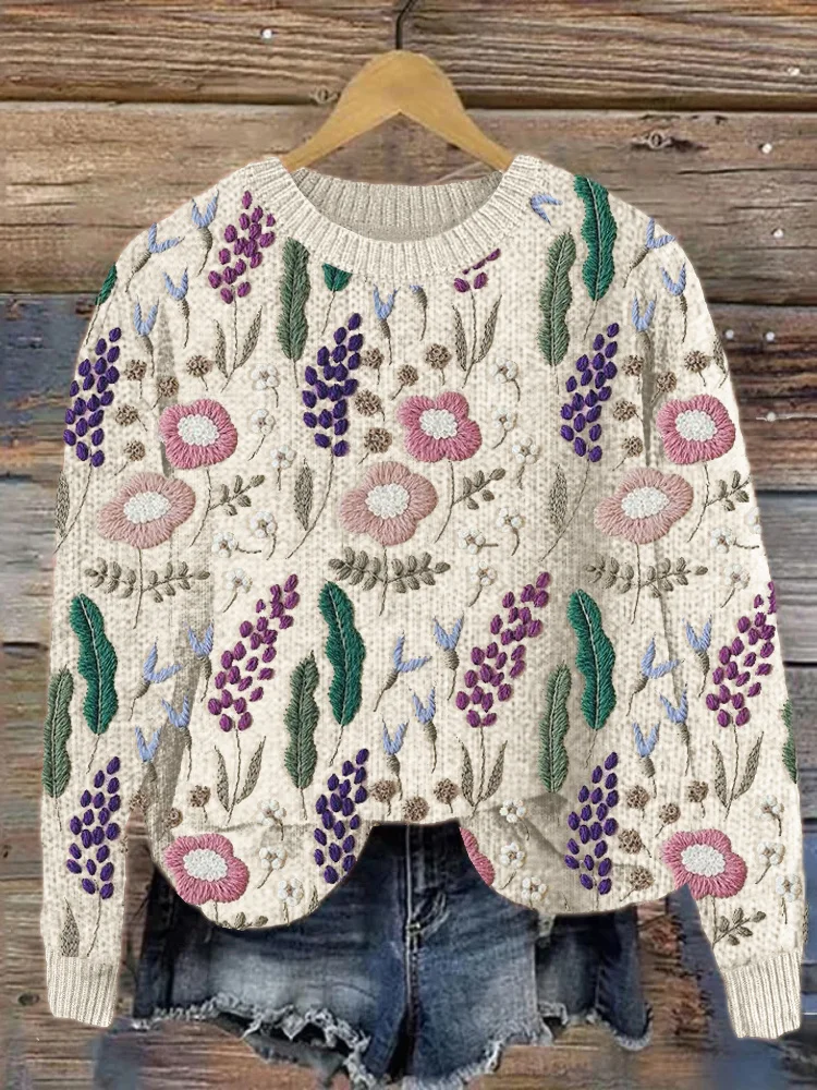 VChics Flowers Embroidery Art Cozy Knit Sweater