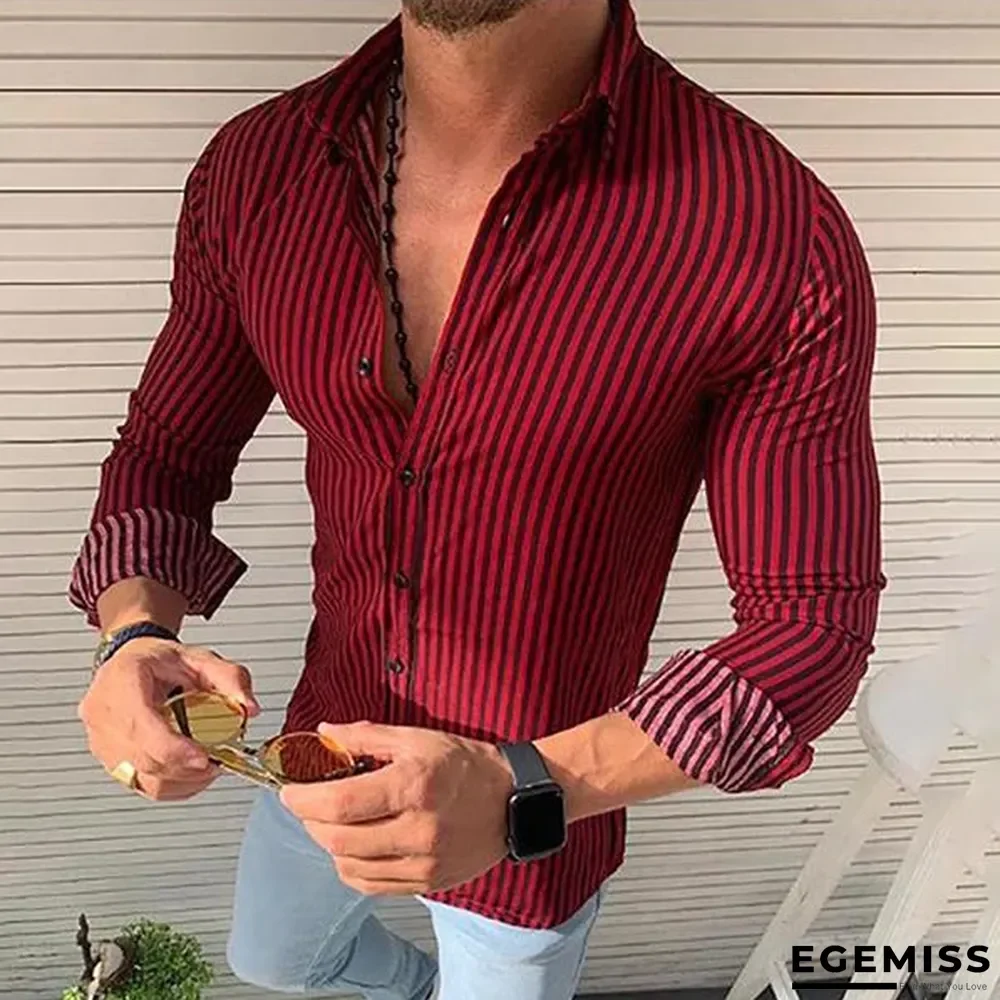 Striped Long Sleeve Button Down Lapel Men's Casual Shirts | EGEMISS
