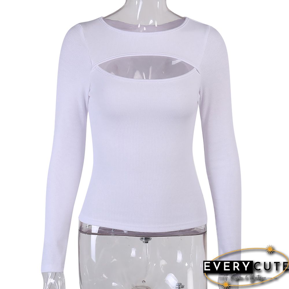 White Front Hollow Out Rib Long Sleeve Tops
