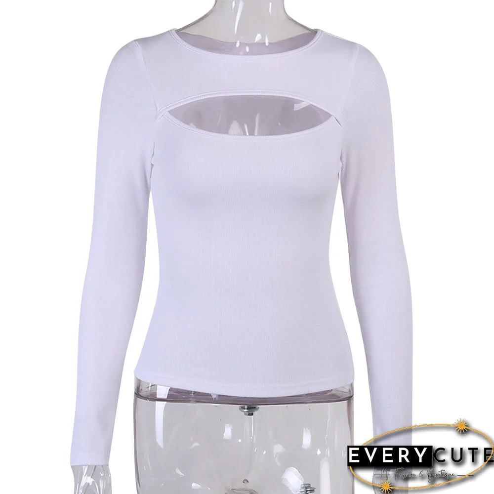 White Front Hollow Out Rib Long Sleeve Tops