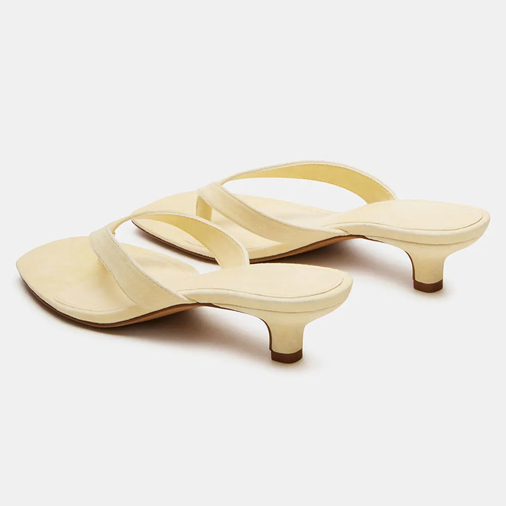 Light Yellow Vegan Suede Open Toe Slide Sandals with Kitten Heels