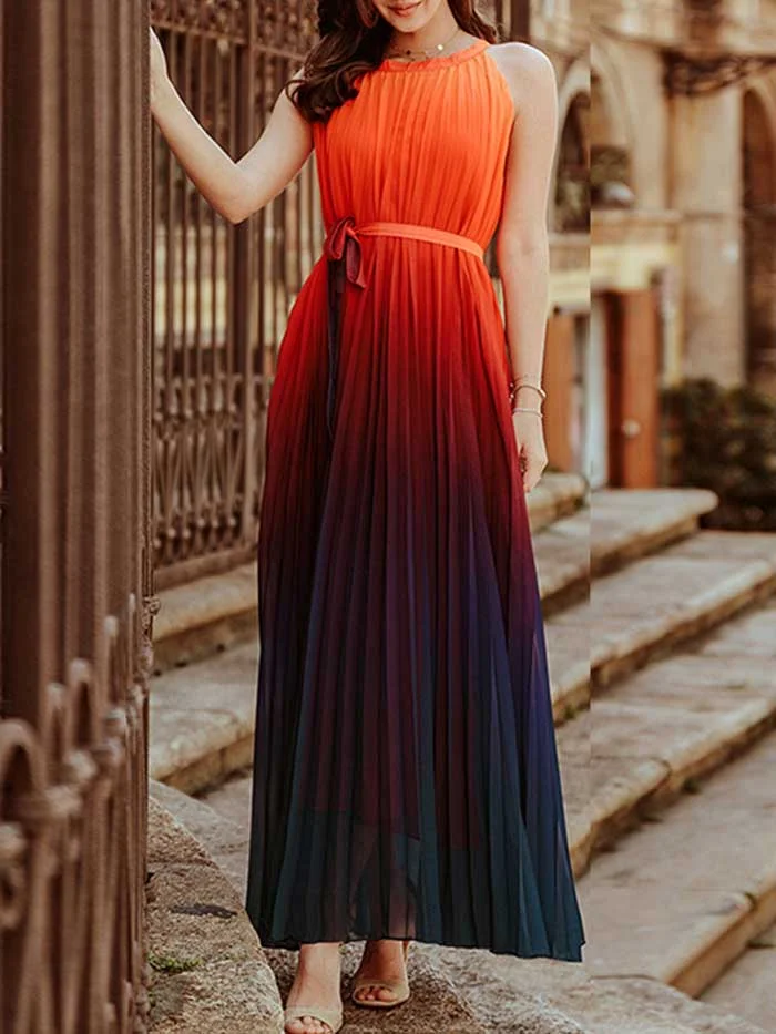 New gradient big round neck sleeveless lace-up dress