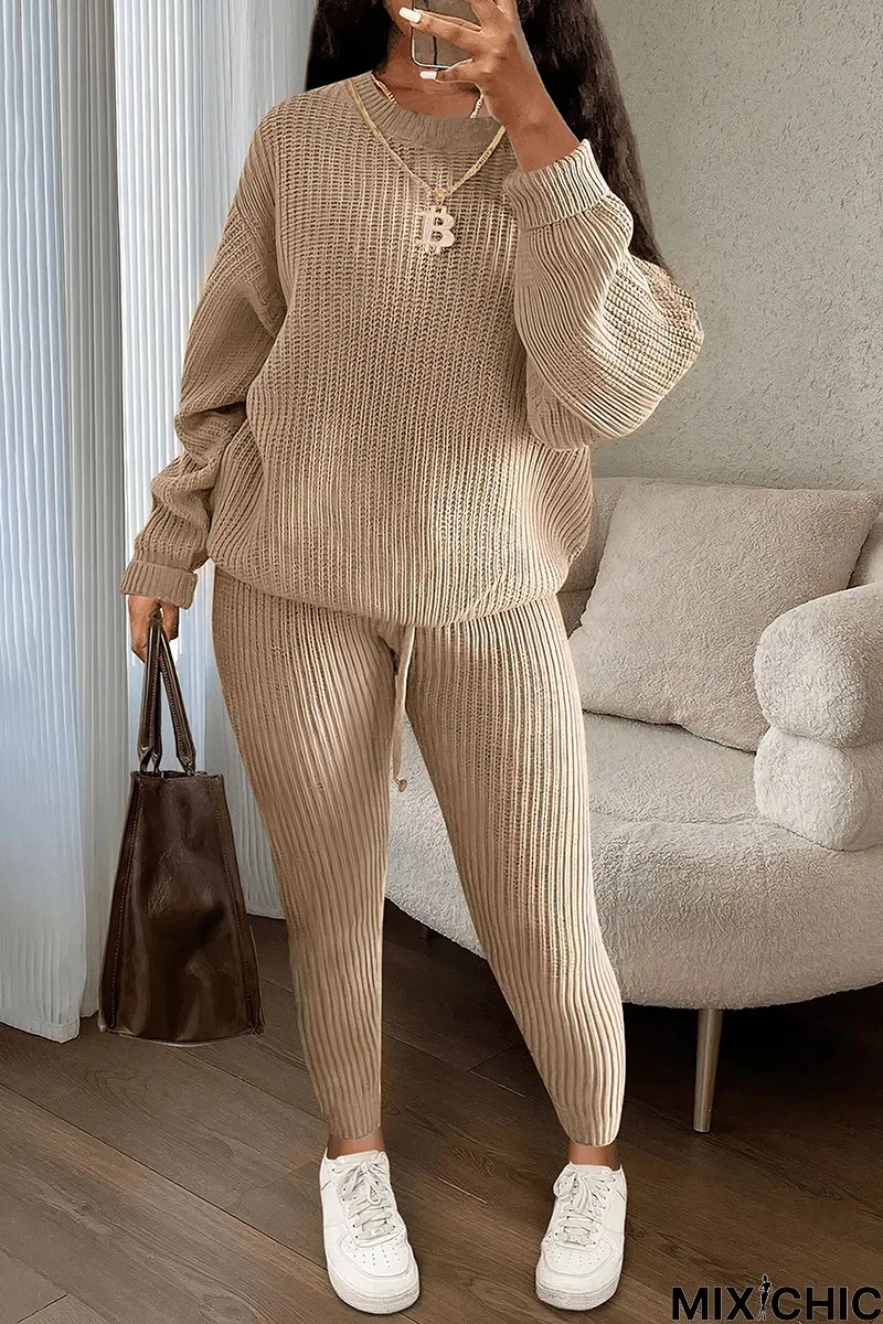 Solid Chunky Knit Drop Shoulder Sweater & Drawstring Pants Set