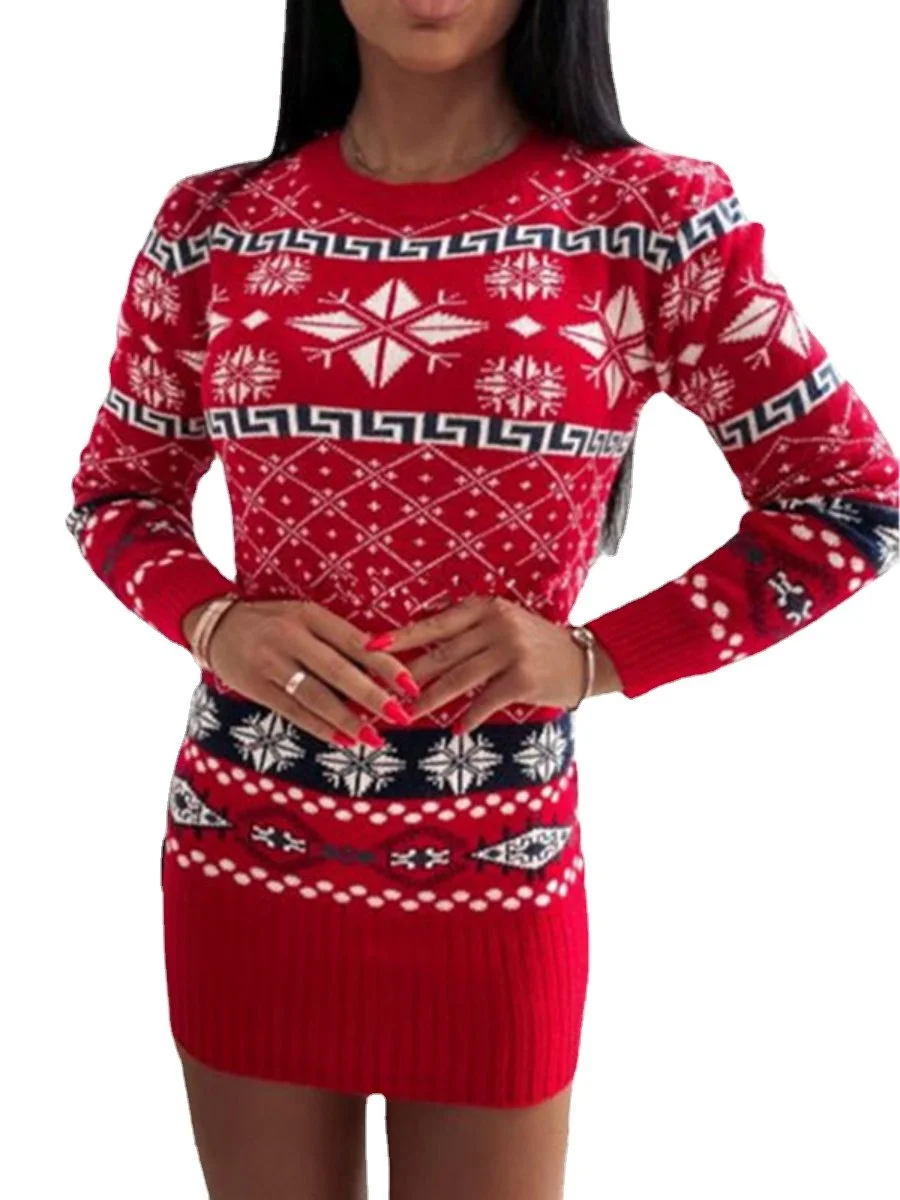 Women's Sweater Dresses Christmas Printed Long Sleeve Bodycon Knitted Sweater