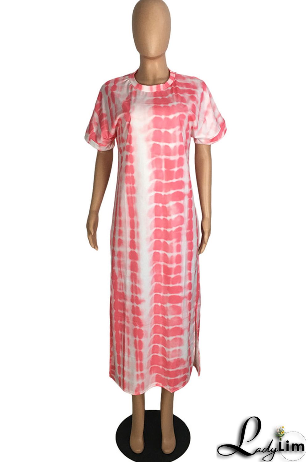 Blue Fashion Casual Print Slit O Neck Short Sleeve Dress Dresses