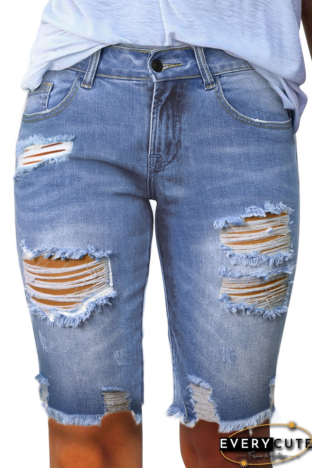Sky Blue Ripped Tassel Bermuda Jean Shorts