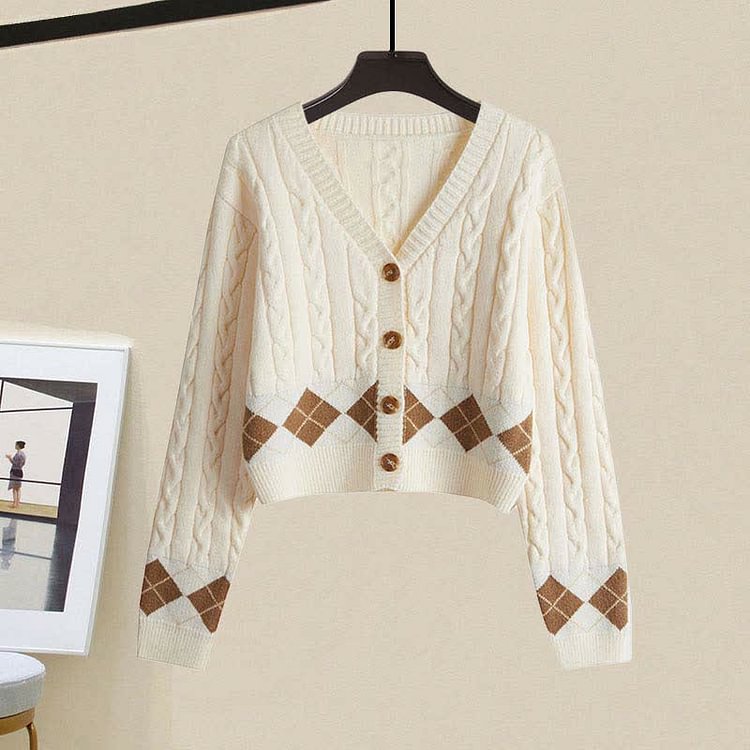 Rhombus Print Cardigan Sweater Lapel Shirt Denim Pants Three Piece Set - Modakawa Modakawa